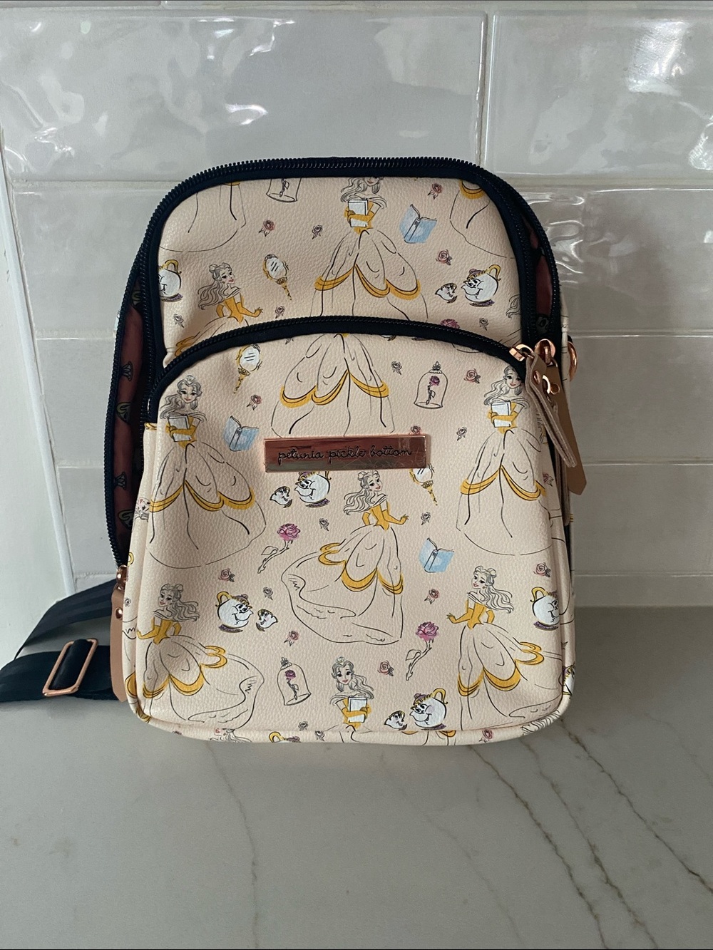 Petunia Pickle Bottom Cream Storybook Print Crossbody with Black Trim Belle